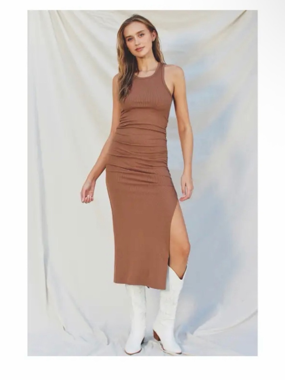 Dress Forum Brown Ribbed Midi Dress with Side Slit